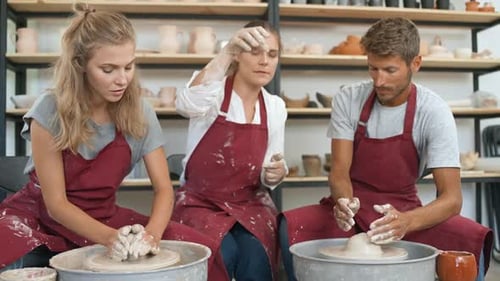 Handicraft Pottery Workshop the Woman Teacher Make a Workshop on Pottery Modeling for a Young Couple