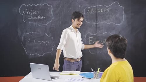Teacher Gives Lesson to Student At Whiteboard