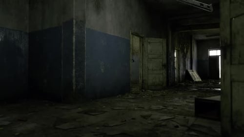 Gritty Wooden Door Opens in Abandoned Hallway