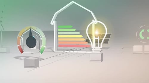 House animation with energy efficiency classes, wind turbines and solar panels