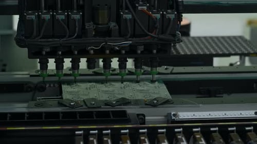 La máquina automática de recoger y colocar está instalando componentes en la placa de circuito Creative Electronic