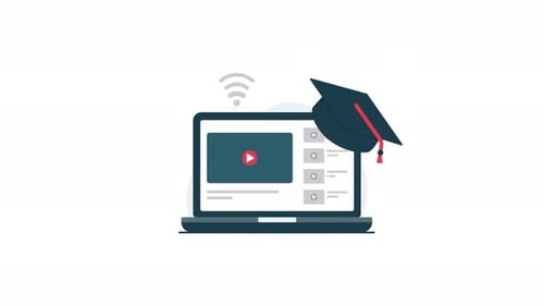 Online Education Concept: Laptop with Graduation Cap and Video Interface