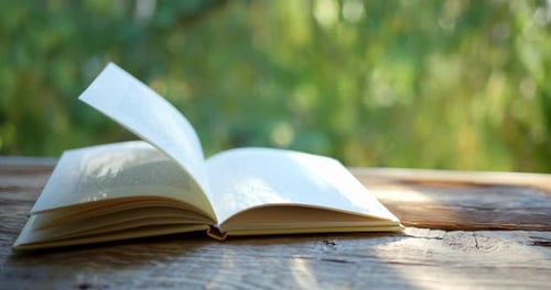 Open Book on Wooden Table with Green Background