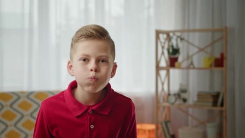 Niño hinchando las mejillas en casa