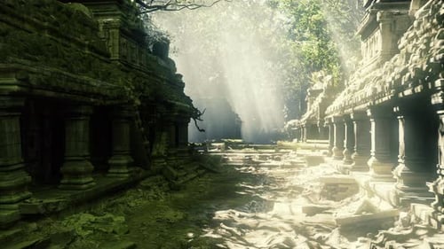 Weathered Stone Pillars Surround Waterlogged Path Beneath Mosscovered Canopy