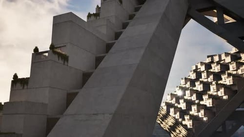 Un edificio moderno de hormigón contra un cielo azul claro