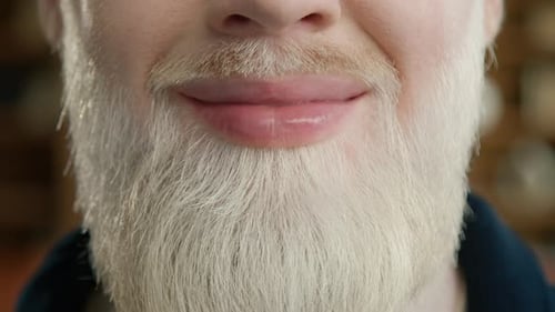 Nahaufnahme eines glücklich lächelnden gutaussehenden Mannes mit blondem Bart Positiver Albino-Männchen