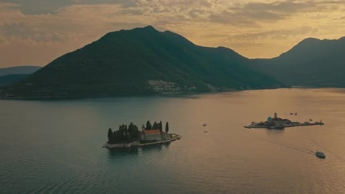 Our Lady of the Rocks and Perast's Islands at Sunset in Montenegro