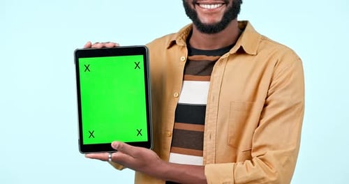 Green screen, tablet mock up and hands in studio with website, internet and social network