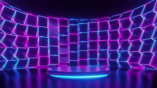 cube wall neon spin with podium background.