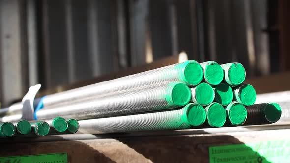 Threaded Rod, Pin, Dowel, stacked in warehouse. Stainless steel ...