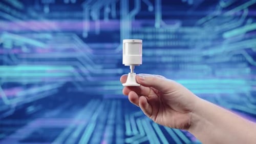 Hand Holding Small LED Lamp Adapter on Digital Background