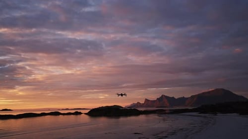 Coastal Landscape with Drone at Sunrise or Sunset