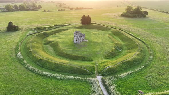 Stunning aerial view of Knowlton Church at sunrise, Dorset, England ...