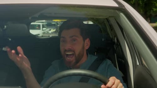 Caucasian Man Guy Businessman Driving Car in City Stuck Traffic Jam Urban Road Transport Problem