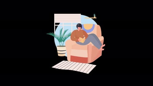 Animated Illustration of Person Reading Book in Armchair