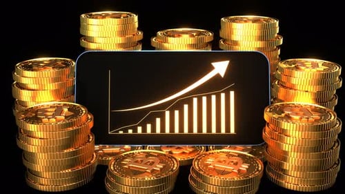 Bitcoin sign with chart going up. Digital currency concept.