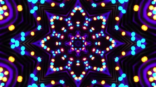 Very colorful and bright pattern with many lights on it. Kaleidoscope VJ loop
