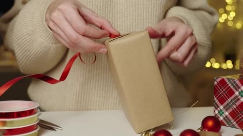 Hands Tie Red Ribbon on Christmas Gift