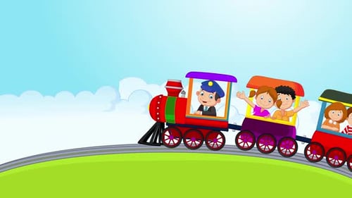 Dibujos animados de niños que viajan felices en el tren