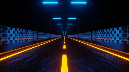 Schneller futuristischer Autobahnhintergrund in Neon in Blau und Orange VJ Loop In 4K
