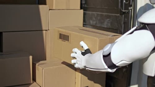 Close Up of Robot Giving a Parcel Box to Caucasian Delivery Man in Uniform Courier Put Boxes on a