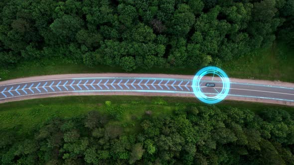 Driverless cars scan surroundings, drive driverless on a country forest ...