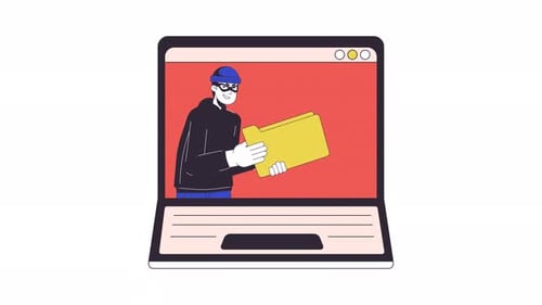Flat Design Animation: Digital Thief Stealing Folder from Laptop