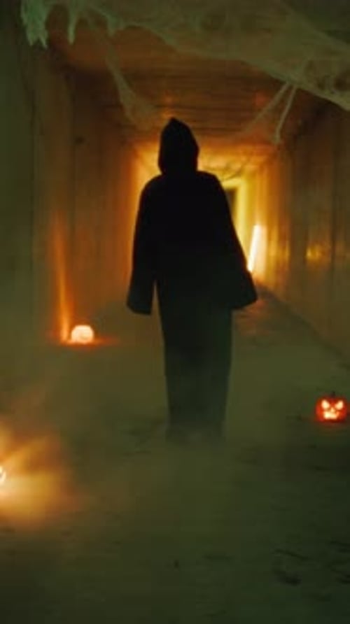 Spooky Cloaked Figure Walking in Dark Halloween Tunnel