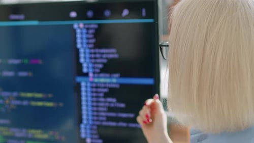 Woman Explains Computer Code on Monitor Screen