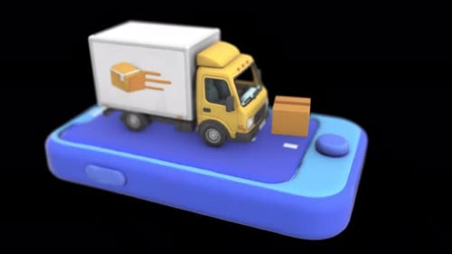Online-Lieferwagen auf Smartphone-App 3D-Logistikanimation auf Alpha-Kanal 4K