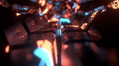 Mouvement de caméra le long d'un tunnel futuriste aux motifs luminescents. VJ Loop