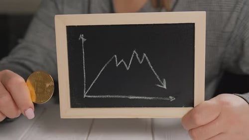 A Woman Holds a Golden Bitcoin Coin and a Blackboard with a Graph