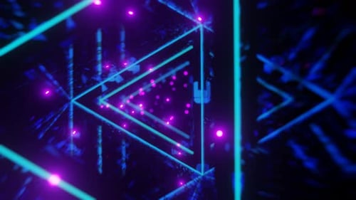 triangular metal tunnel. Camera movement in a triangular tunnel. Glowing pink particles. vj loop. Lo