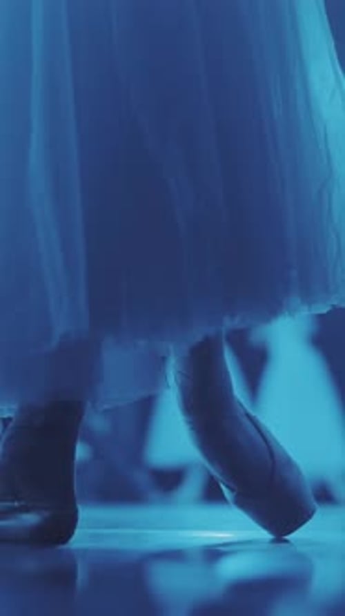 Close up of a ballet dancer's feet as she corrects pointe on the stone embankment. Woman's feet