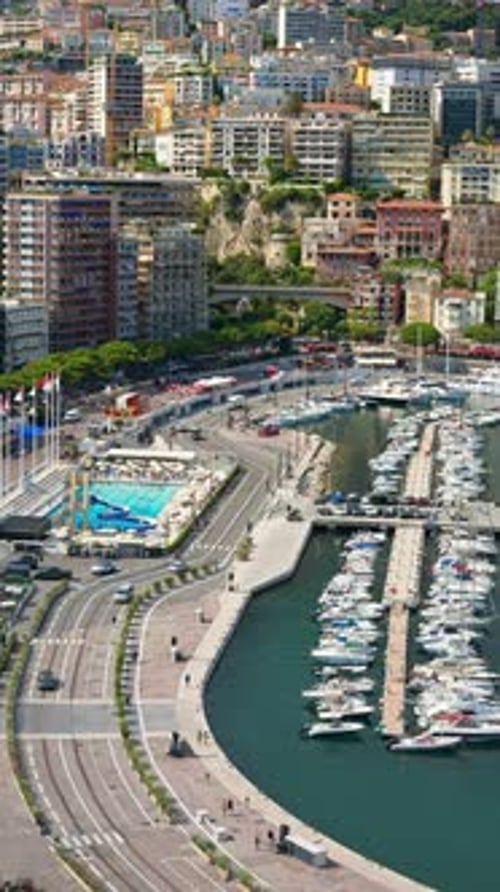 View of boats docked in the Monaco Marina with the skyline of the city on the background. Vertical