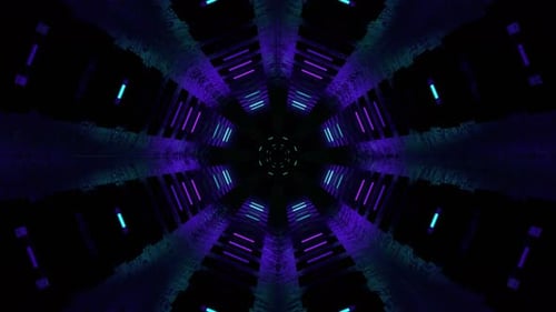 Violetter und türkisfarbener Alien-Tunnel mit Neonelementen und Mikrochip-Hintergrund VJ Loop in 4K