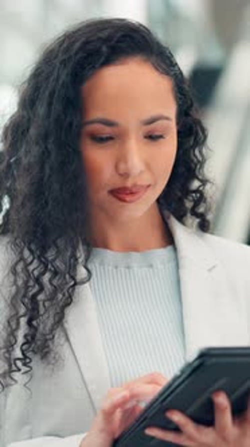 Woman, thinking or scroll with tablet in office for news report idea, media or article publication
