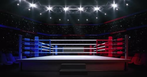 Empty Boxing Ring Ready For Fight. Animation Of Sport Arena With Fans And Shining Spotlights. Indoor