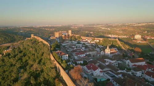 Castle Town Medieval Walls at Evening Light Aerial View Historic Architecture