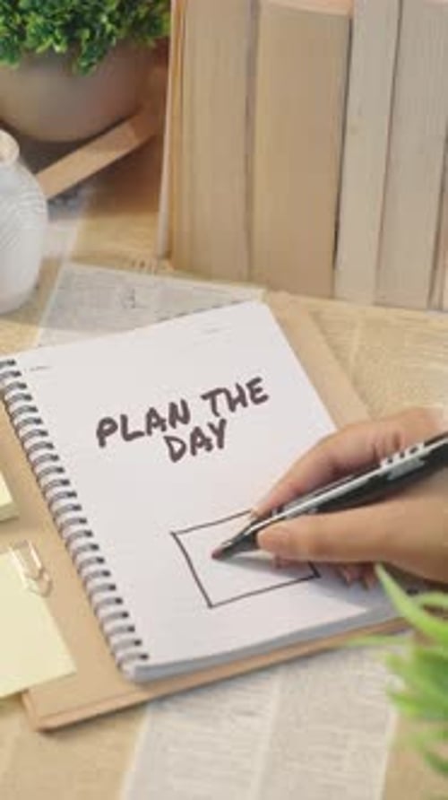 VERTICAL VIDEO OF TICKING OFF PLAN THE DAY WORK FROM CHECKLIST