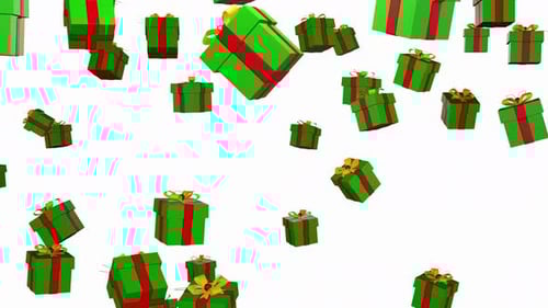 Falling gift boxes isolated on white background 3d render. Green gift boxes tied with a red ribbon