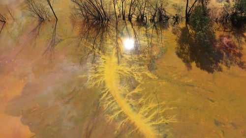 Aerial view of colorful natural water patterns. Mining water pollution, environmental pollution