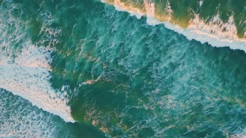 Top View Foaming Ocean Surface Waving Super Slow Motion Rough Sea Waves Rolling