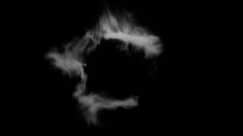 The title card, credits, and design elements appear behind the smoke. Smoke fills the space from the