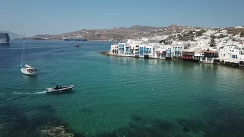 The Greek island of Mykonos, the old town on the sea during a sunny day