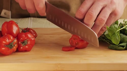 Cutting Colorful Organic Tomatoes on Wooden Desk Mix Tomatoes Background Several Varieties of Sliced
