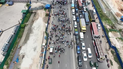 Aerial view of people doing massive political procession in Dhaka, Bangladesh.