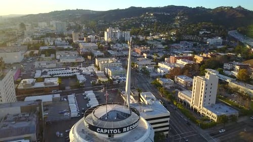 Aerial Drone footage above the famous Capitol Records building in Hollywood. Shot with DJI Mavic dr
