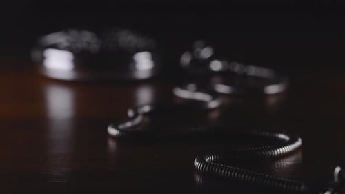 Silver Antique Old Pocket Watch Place In Wooden Table. - Selective Focus, Studio Shot